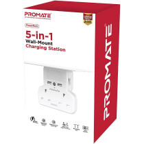 Promate Wall Mount Charging Station, 5-In 1 Wall Outlet Extender With Removable Shelf, Dual 3250W Ac Outlets, Powerrack.Uk-White