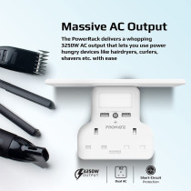 Promate Wall Mount Charging Station, 5-In 1 Wall Outlet Extender With Removable Shelf, Dual 3250W Ac Outlets, Powerrack.Uk-White