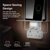 Promate Wall Mount Charging Station, 5-In 1 Wall Outlet Extender With Removable Shelf, Dual 3250W Ac Outlets, Powerrack.Uk-White