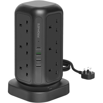 Promate Power Strip, 3250W 12 Ac Outlets Power Extension, 20W Usb-C Power Delivery Port, 18W Qc Port, 3M Cable, Powertower-3