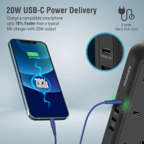 Promate Power Strip, 3250W 12 Ac Outlets Power Extension, 20W Usb-C Power Delivery Port, 18W Qc Port, 3M Cable, Powertower-3