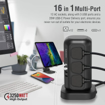 Promate Power Strip, 3250W 12 Ac Outlets Power Extension, 20W Usb-C Power Delivery Port, 18W Qc Port, 3M Cable, Powertower-3
