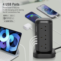 Promate Power Strip, 3250W 12 Ac Outlets Power Extension, 20W Usb-C Power Delivery Port, 18W Qc Port, 3M Cable, Powertower-3
