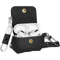 Promate Airpods Pro Case, Protective Faux Leather Cover, Wireless Charging Cover,Anti-Lost Holding Strap & Cable Organizer, Fay Black