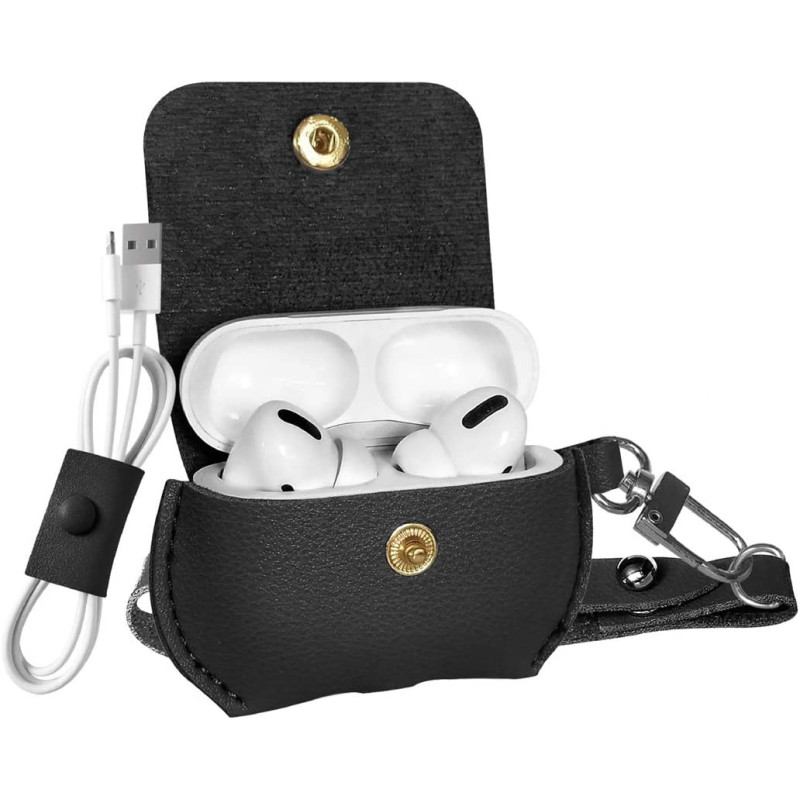 Promate Airpods Pro Case, Protective Faux Leather Cover, Wireless Charging Cover,Anti-Lost Holding Strap & Cable Organizer, Fay Black