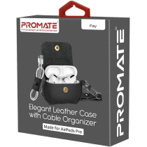 Promate Airpods Pro Case, Protective Faux Leather Cover, Wireless Charging Cover,Anti-Lost Holding Strap & Cable Organizer, Fay Black