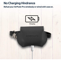 Promate Airpods Pro Case, Protective Faux Leather Cover, Wireless Charging Cover,Anti-Lost Holding Strap & Cable Organizer, Fay Black