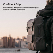 Promate Airpods Pro Case, Protective Faux Leather Cover, Wireless Charging Cover,Anti-Lost Holding Strap & Cable Organizer, Fay Black