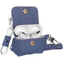 Promate Airpods Pro Case, Protective Faux Leather Cover, Wireless Charging Cover,Anti-Lost Holding Strap & Cable Organizer, Fay Blue