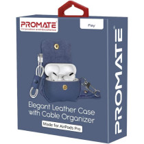 Promate Airpods Pro Case, Protective Faux Leather Cover, Wireless Charging Cover,Anti-Lost Holding Strap & Cable Organizer, Fay Blue