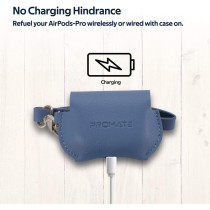 Promate Airpods Pro Case, Protective Faux Leather Cover, Wireless Charging Cover,Anti-Lost Holding Strap & Cable Organizer, Fay Blue