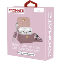 Promate Airpods Pro Case, Fashion Protective Faux Leather, Wireless Charging Cover,Cable Organizer For Apple Airpods Pro, Fay Purple