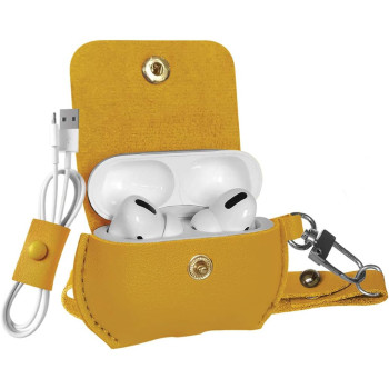 Promate Airpods Pro Case,Protective Faux Leather Cover,Wireless Charging Cover, Anti-Lost Holding Strap & Cable Organizer,Fay Yellow