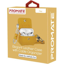 Promate Airpods Pro Case,Protective Faux Leather Cover,Wireless Charging Cover, Anti-Lost Holding Strap & Cable Organizer,Fay Yellow