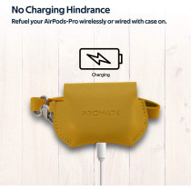 Promate Airpods Pro Case,Protective Faux Leather Cover,Wireless Charging Cover, Anti-Lost Holding Strap & Cable Organizer,Fay Yellow