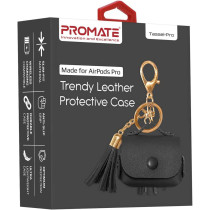 Promate Airpods Pro Case, Ultra-Slim Protective Soft Designer Faux Leather Cover With Wireless Charging, Women, Tassel-Pro Black