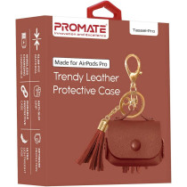 Promate Airpods Pro Case, Ultra-Slim Protective Soft Designer Faux Leather Cover With Wireless Charging, Women, Tassel-Pro Brown