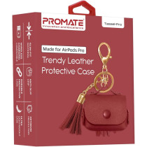 Promate Airpods Pro Case, Ultra-Slim Protective Soft Designer Faux Leather Cover With Wireless Charging, Women, Tassel-Pro Maroon