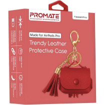 Promate Airpods Pro Case, Ultra-Slim Protective Soft Designer Faux Leather Cover With Wireless Charging, Women, Tassel-Pro Red