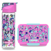 Eazy Kids Lunch Box Set and Tritan Water Bottle w/ 2in1 drinking, Flip lid and Sipper, Unicorn - Pink, 650ml