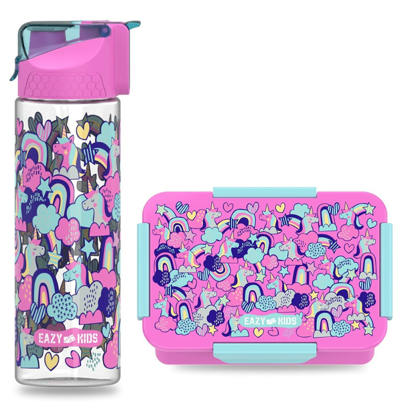 Eazy Kids Lunch Box Set and Tritan Water Bottle w/ 2in1 drinking, Flip lid and Sipper, Unicorn - Pink, 650ml