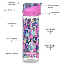 Eazy Kids Lunch Box Set and Tritan Water Bottle w/ 2in1 drinking, Flip lid and Sipper, Unicorn - Pink, 650ml
