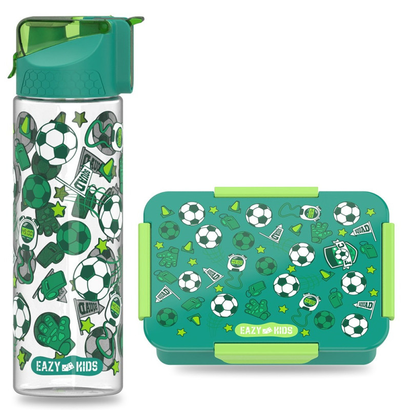 Eazy Kids Lunch Box Set and Tritan Water Bottle w/ 2in1 drinking, Flip lid and Sipper, Soccer - Green, 650ml