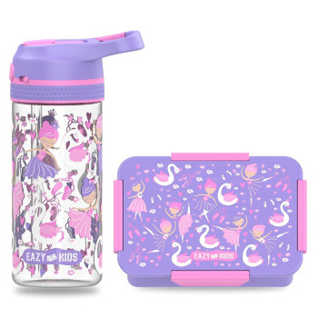 Eazy Kids Lunch Box Set and Tritan Water Bottle w/ Lockable Push button and Carry Handle, Tropical - Purple, 420ml