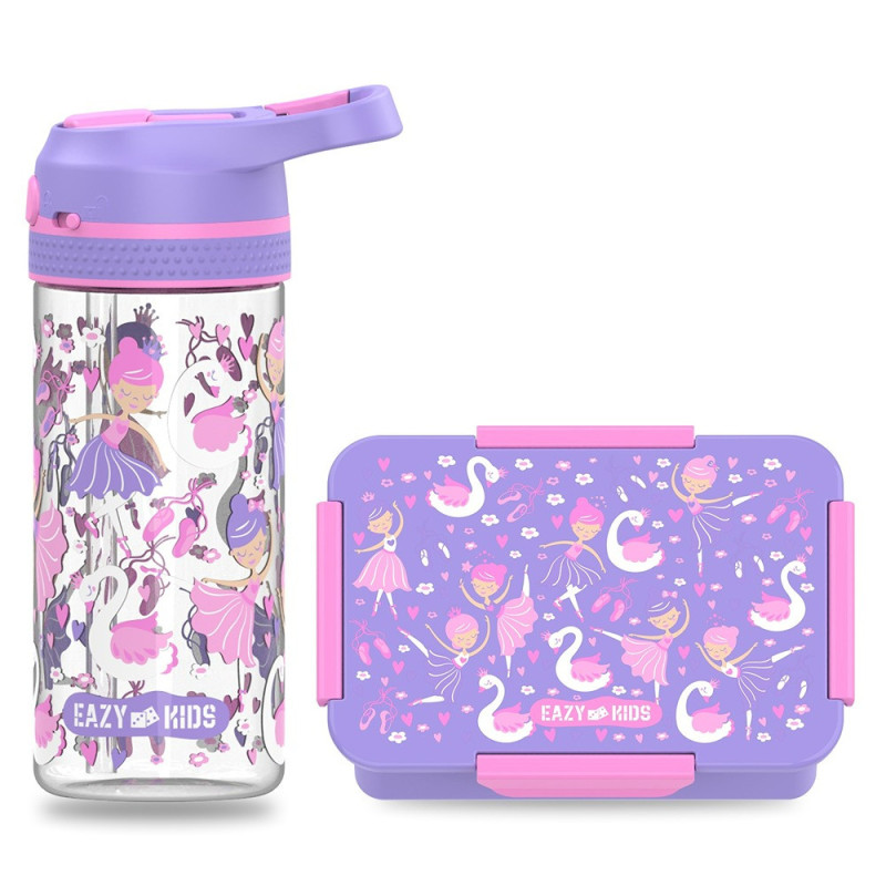 Eazy Kids Lunch Box Set and Tritan Water Bottle w/ Lockable Push button and Carry Handle, Tropical - Purple, 420ml
