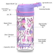 Eazy Kids Lunch Box Set and Tritan Water Bottle w/ Lockable Push button and Carry Handle, Tropical - Purple, 420ml