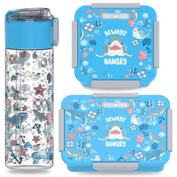 Eazy Kids Lunch Box Set and Tritan Water Bottle w/ Snack Box, Shark - Blue, 450ml