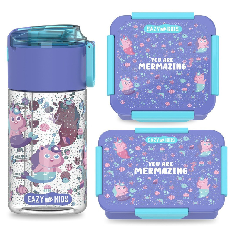 Eazy Kids Lunch Box Set and Tritan Water Bottle w/ Snack Box, Mermaid - Purple, 450ml