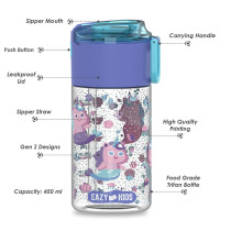 Eazy Kids Lunch Box Set and Tritan Water Bottle w/ Snack Box, Mermaid - Purple, 450ml