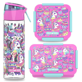 Eazy Kids Lunch Box Set and Tritan Water Bottle w/ Spray, Unicorn Desert - Pink, 750ml