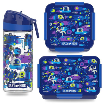 Eazy Kids Lunch Box Set and Tritan Water Bottle w/ Carry handle, Astronauts - Blue, 420ml
