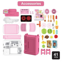 Little Story Role Play Chef/Kitchen/Restaurant Toy Set Luggage Case (41 Pcs) Inbuilt Light & Sound - Pink, 4-In-1 Mode For 3Years+, Unisex (LS_RPLC_KTPI)