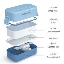 Eazy Kids Double Decker tic-tac-toe Lunch Box w/ Bento Compartment Splitter Sauce Box and Spoon-Blue (1200ml) For All ages, Unisex (EZ_ROLB_BU)