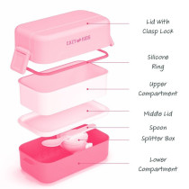 Eazy Kids Double Decker tic-tac-toe Lunch Box w/ Bento Compartment Splitter Sauce Box and Spoon-Pink (1200ml) For All ages, Unisex (EZ_ROLB_PI)