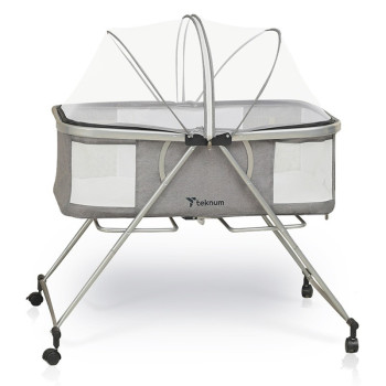 Teknum 3-IN-1 Baby Cot/Cradle w/ Mosquito net & Wheels - Dark Grey For 0-12months, Unisex (TK_BA3in1_DGY)