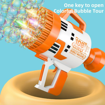 Little Story - 108 Holes Bubble Machine Gun Battery Operated with Light/Bubble Maker for Kids Indoor & Outdoor- Orange