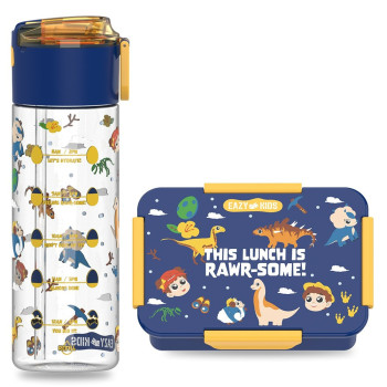 Eazy Kids Lunch Box and Tritan Water Bottle w/ Snack Box, T-Rex- Blue, 450ml