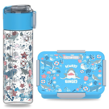 Eazy Kids Lunch Box and Tritan Water Bottle w/ Snack Box, Shark - Blue, 450ml