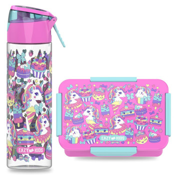Eazy Kids Lunch Box and Tritan Water Bottle w/ Spray, Unicorn Desert - Pink, 750ml
