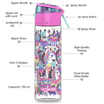 Eazy Kids Lunch Box and Tritan Water Bottle w/ Spray, Unicorn Desert - Pink, 750ml