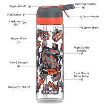 Eazy Kids Tritan Water Bottle w/ Spray, Gen Z - Grey, 750ml