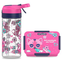 Eazy Kids Lunch Box Set and Tritan Water Bottle w/ Spray, Cat - Pink, 420ml