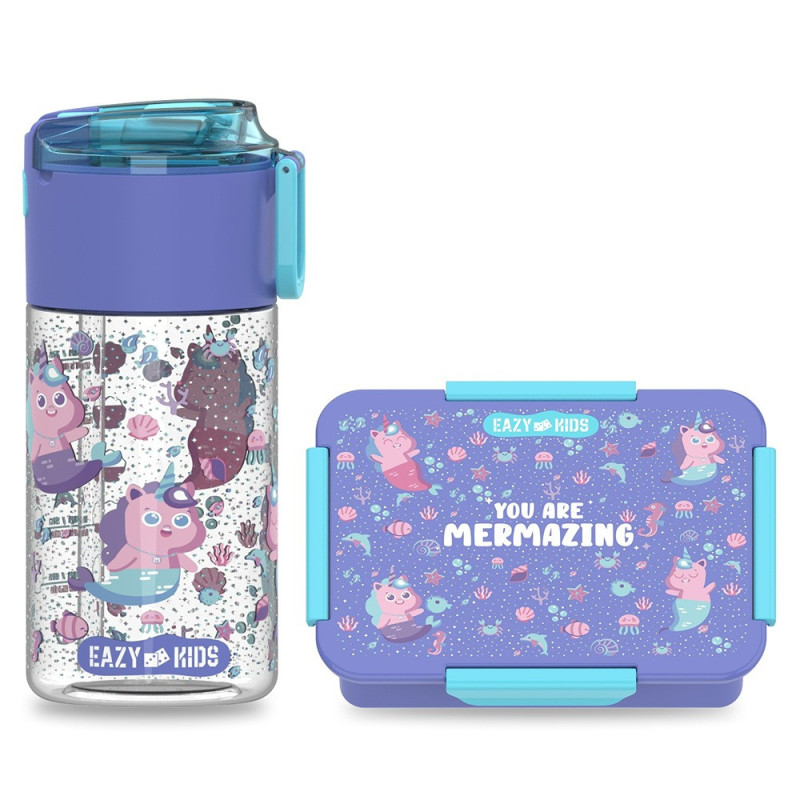 Eazy Kids Lunch Box and Tritan Water Bottle w/ Snack Box, Mermaid - Purple, 450ml