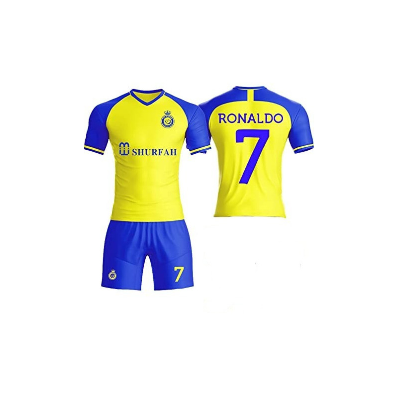 Al Amal Football fan jersey Ronaldo fullset shorts & Jersey Yellow &blue ( UNISEX )