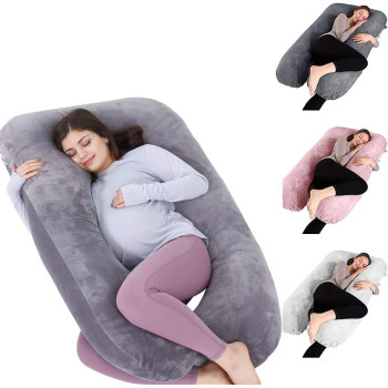 UK+ U-Shaped Pregnancy Pillow, Cotton Full Body Pillow for Pregnant Women Sleeping Support, Velvet Comfortable-light grey