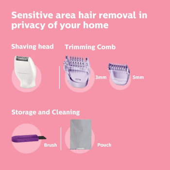 PHILIPS Essential Bikini Trimmer, Trim, Shave & Style, Mini Shaving Head Included, Portable, Battery, Brt38315, 2 Years Warranty, White & Purple